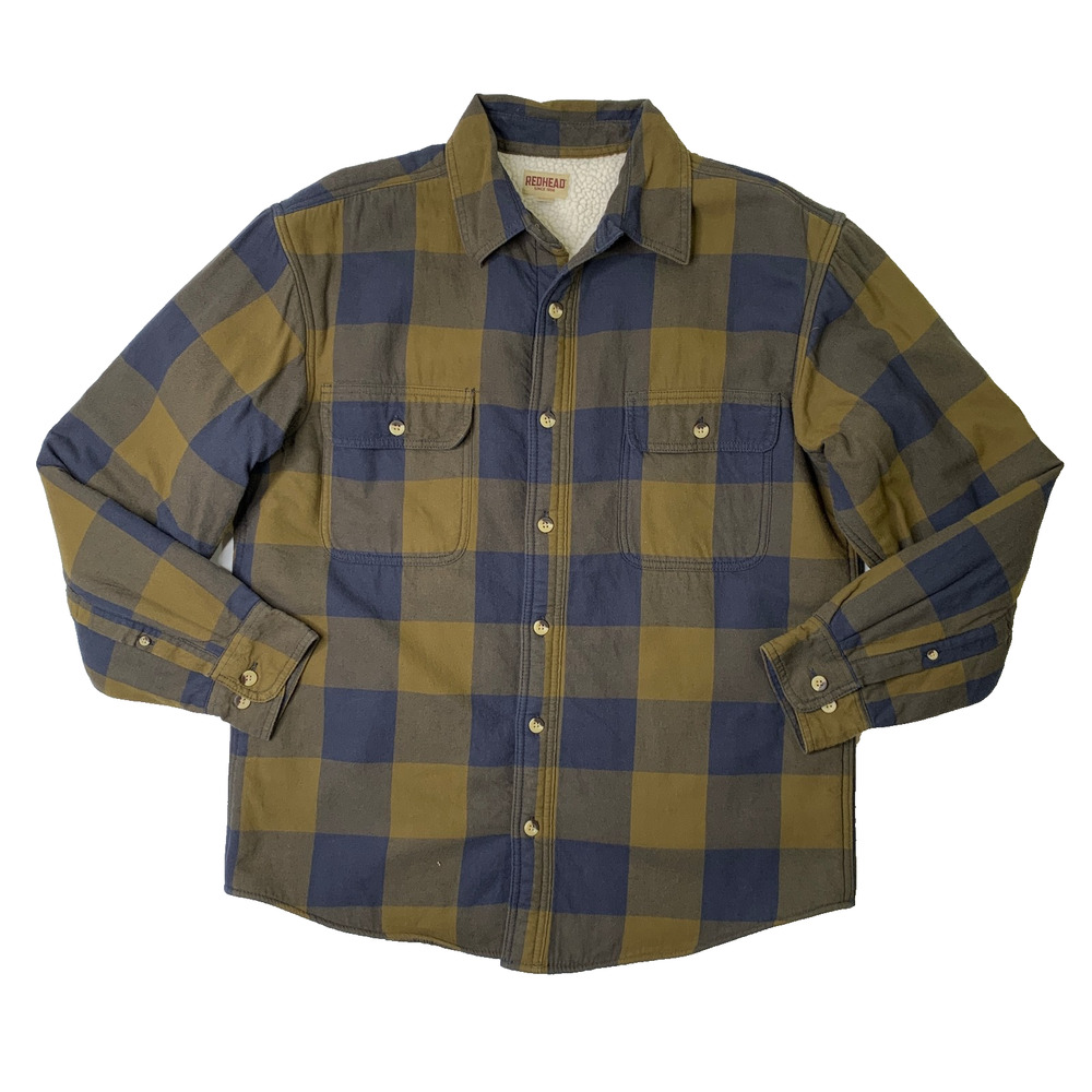 RedHead Shirt Jacket Mens‎ L Large Moss Green Sherpa Lined Plaid Flannel Shacket